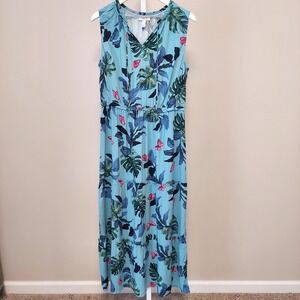 Denim & Co Blue Tropical‎ Leaf Butterfly Tiered Maxi Dress M Sleeveless Vacation